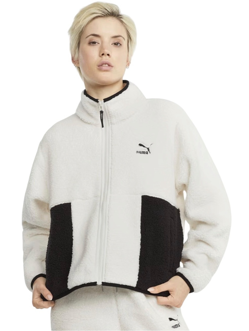 PUMA CLSX Sherpa Track Jacket Cream Black Women’s Medium EUC